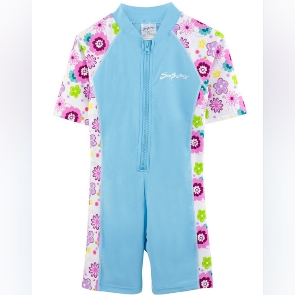 SunBusters Girls 1 Piece S/S Sunsuit Rash Swim UPF 50+ Blue Pink Floral NWT